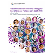 Western Australian Paediatric Strategy for End-of-Life and Palliative Care 2021-2028 front cover. Features 26 faces of children who have received end-of-life and palliative care services in Western Australia and are included with permission from their families. The faces are framed in light purple circles over a purple patterned background. 
