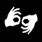 The Auslan symbol, two white drawings of hands next to each other signing on a black background
