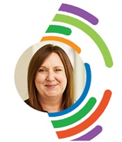 Profile pic of Keryn McKinnon against colourful CAHS arc logo