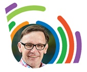 A circular profile photo of A/Prof Peter Richmond on colourful semi-arcs