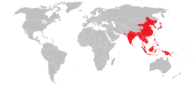 World map highlighting in red Asian countries such as China, Japan and Korea as high risk regions for Japanese encephalitis