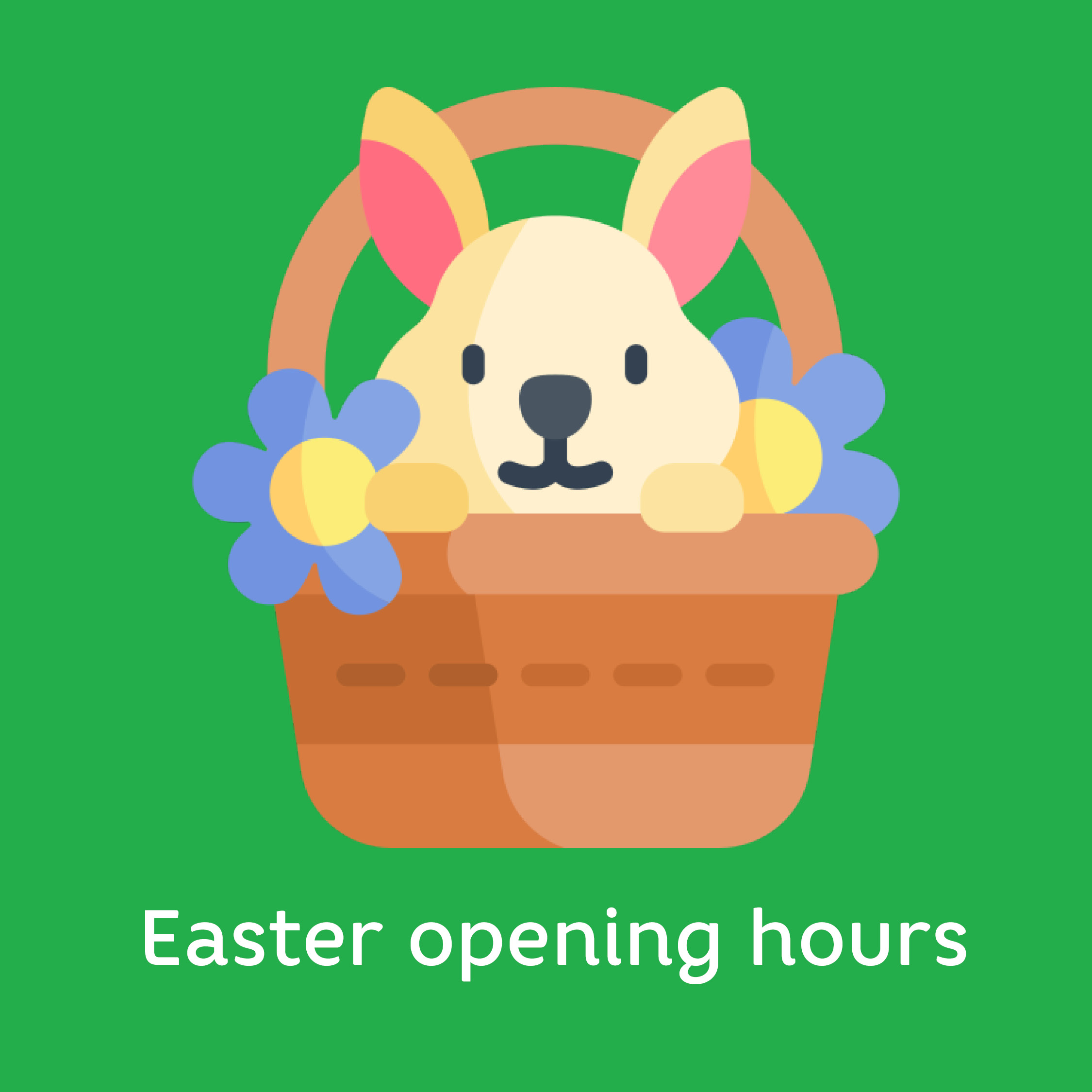 Easter opening hours 2023 - illustration of Easter bunny in a basket surrounded by blue and yellow flowers