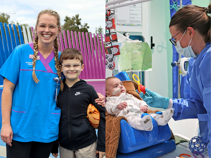 A composite image showing Tyler and his occupational therapist Sophie on the left and Reggie with his occupational therapist Ella on the right. 