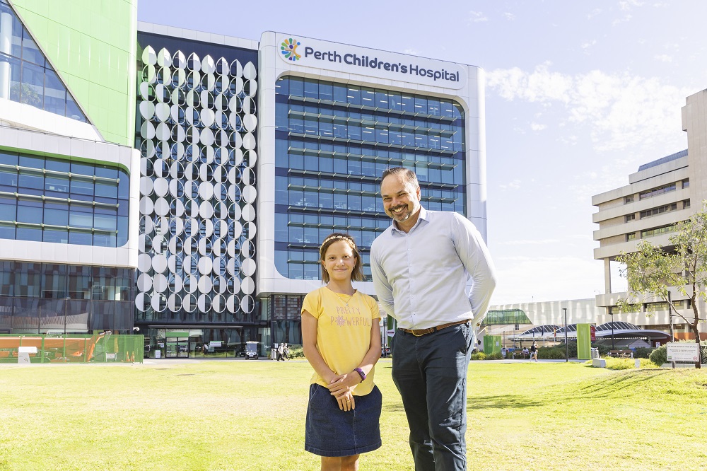 Lily Fretwell with Dr Gareth Baynam at Perth Children's Hospital. Image by Stephen Heath Photography, courtesy Perth Children's Hospital Foundation
