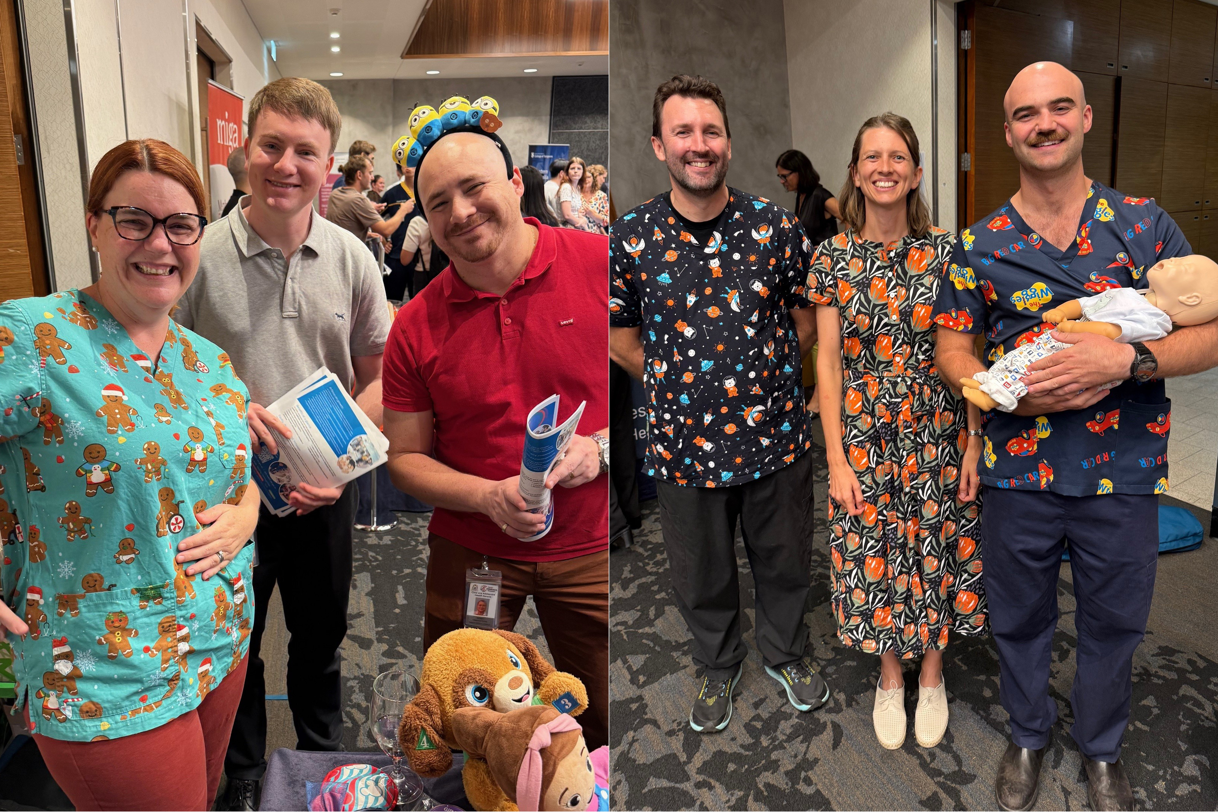 A side‑by‑side composite image from an indoor event. Left panel: Three people stand behind an information table, holding brochures. The table displays plush toy animals and printed materials. One person wears medical scrubs with a playful pattern, while the others wear casual or business‑casual clothing. Event attendees and signage are visible in the background. Right panel: Three people stand together in front of a wood‑paneled wall. Two people wear patterned medical scrubs, one wears a patterned dress, and one is while holding a mannequin baby used for demonstration. The setting appears to be the same busy expo space with other attendees visible behind them.