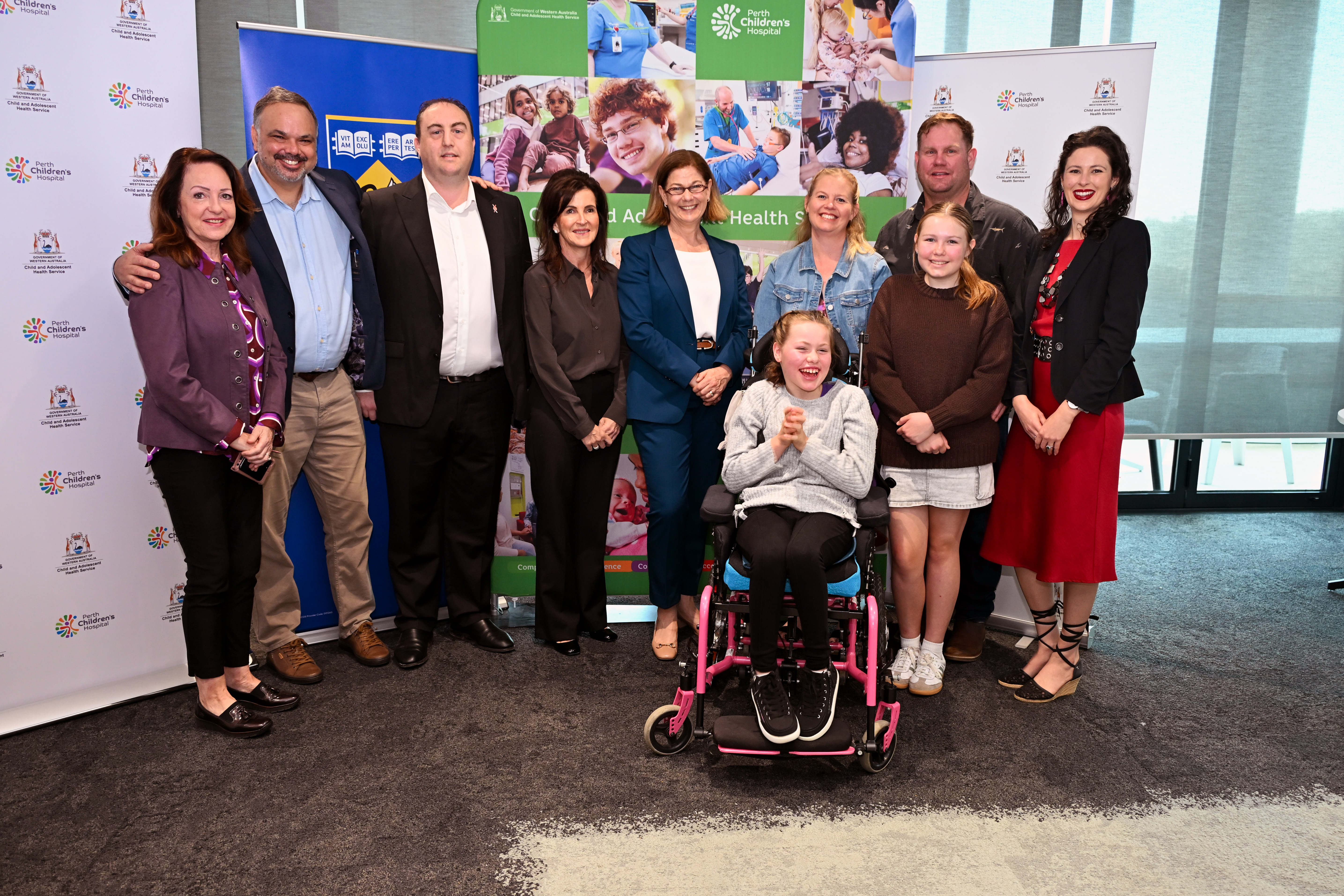Sue Baker, Rare Care Centre Program Director, Prof Gareth Baynam, Rare Care Centre Program Director, Steve Hille, Elizabeth Perron AM, Executive Director, Stan Perron Charitable Foundation, Hon Meredith Hammat MLA Minister for Health; Mental Health, the Gilpin family and Kaila Stevens, Rare Care Centre Program Lead (non-clinical) 