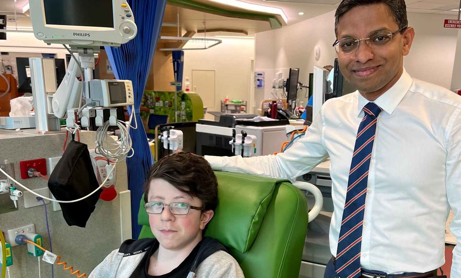 Mitch Swinbourn with Dr Santosh Valvi at PCH in the Haematology clinic