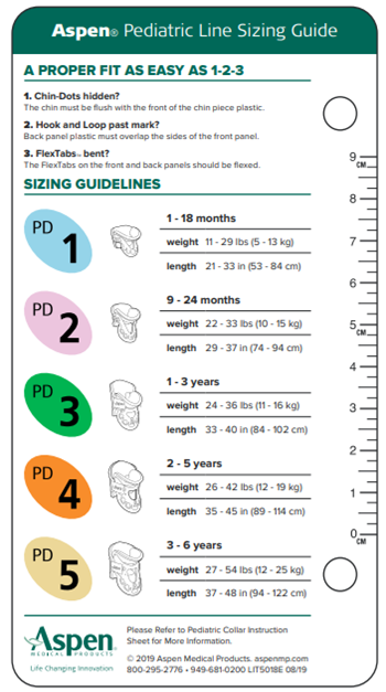 A chart depicting the line sizing guide for an Aspen Pediatric Collar