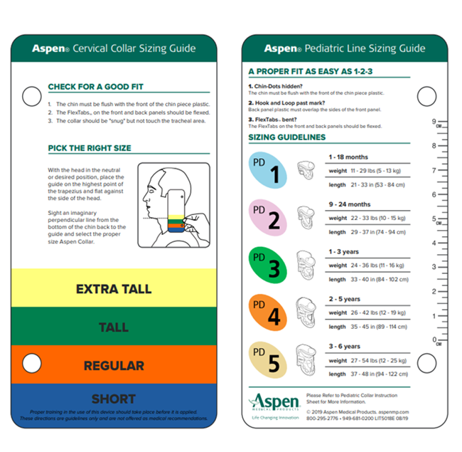 Diagrams to use to determine which Aspen Pediatric Collar is appropriate to use on a child or young person