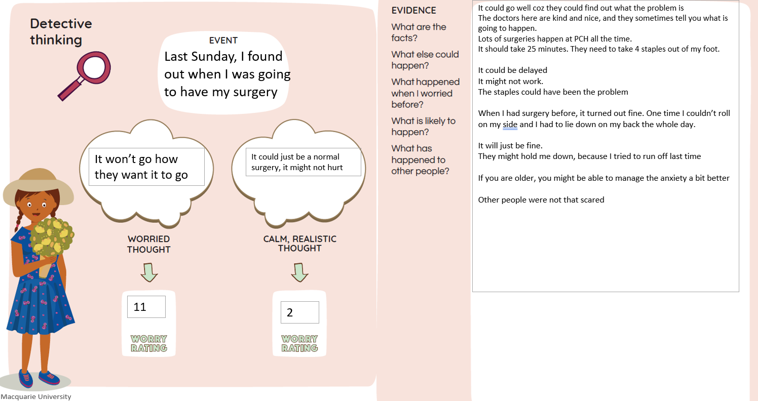 A series of boxes and thought bubbles which give examples of applying detective thinking in the situation where a child finds out they are about to have surgery