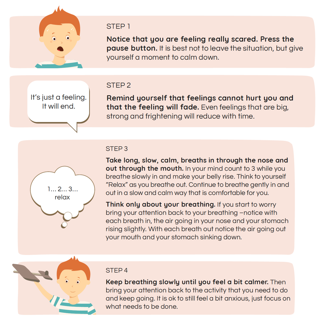 4 pink boxes stacked vertically, each containing a step with techniques to help children experiencing anxiety and fear to calm themselves