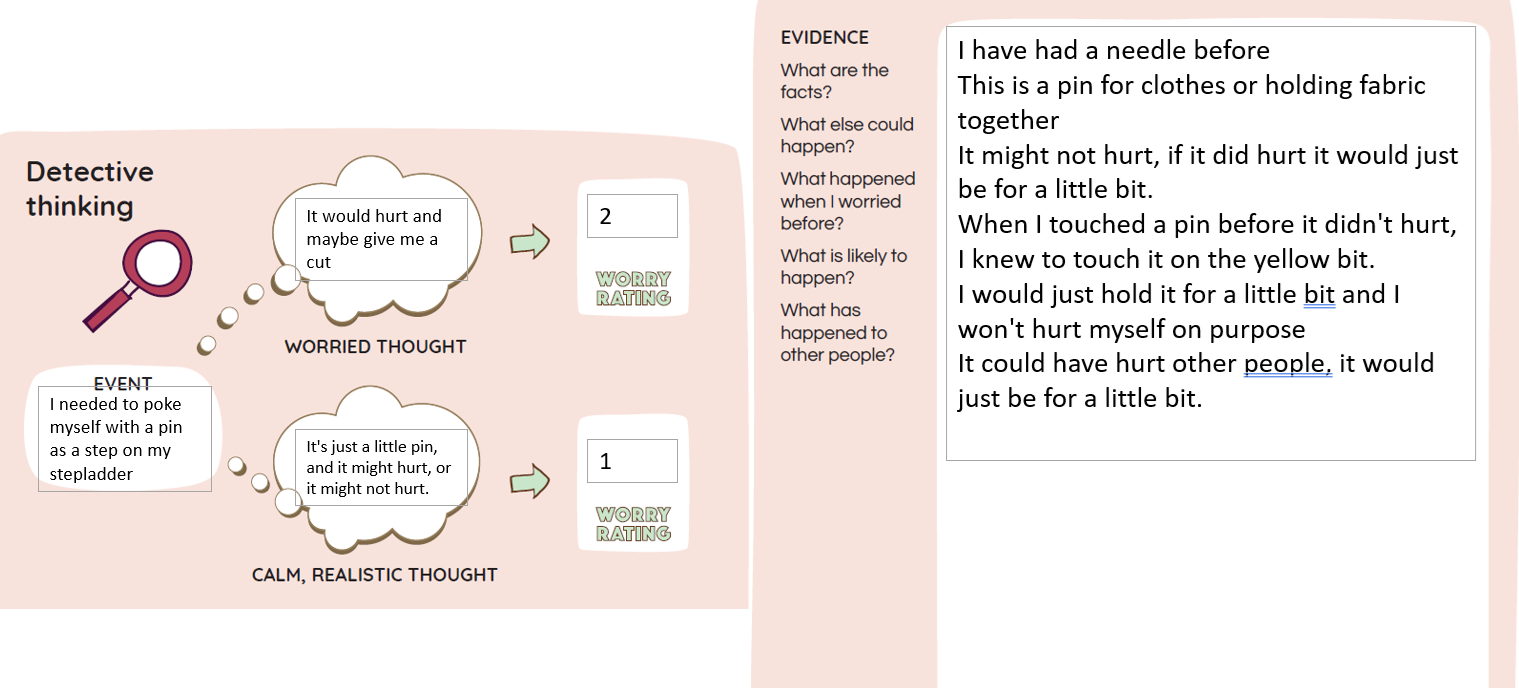 A series of boxes and thought bubbles which give examples of applying detective thinking in the situation where a child might have anxiety around getting needles