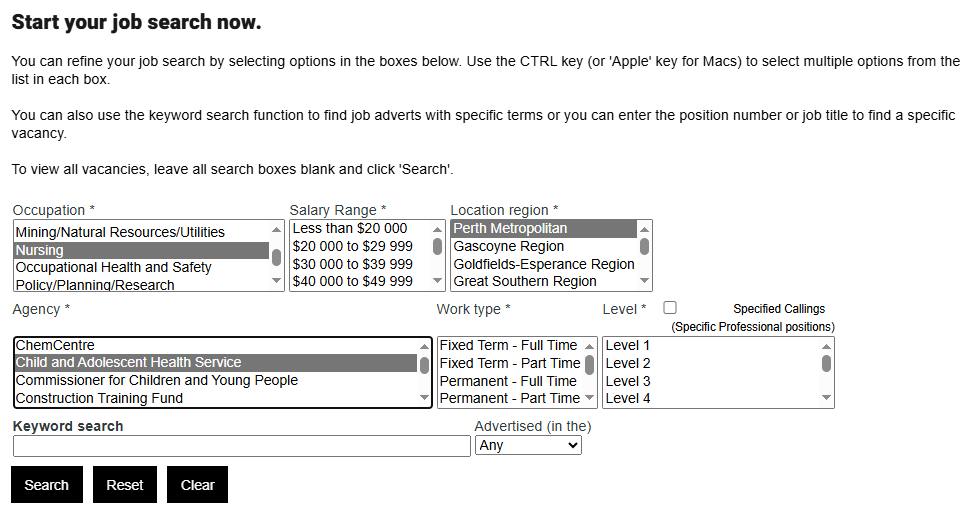 A screenshot of the Jobs WA job search form, with the relevant fields highlighted to display nursing roles at the Child and Adolescent Health Service. In the occupation field nursing is highlighted. In the location field Perth metropolitan is highlighted. In the agency field Child and Adolescent Health Service is selected.